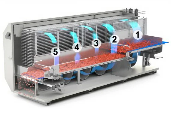 Industrial freezing tunnel with conveyor belt system for meat, fish and frozen food production line